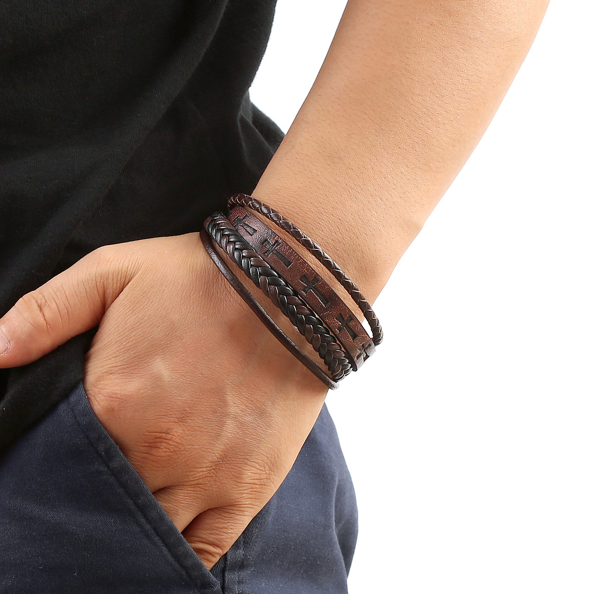 Heren lederen armband handgeweven met legering gesp sieraden_voghion.com