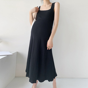 2024 Summer Maternity Dress Simple All-match Knitted Sling Maternity Dress Black
