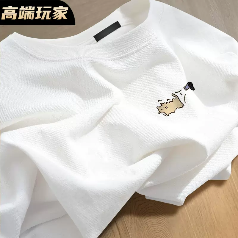 100%纯棉圆领短袖T恤夏季新款男生高级感美式宽松印花半截袖上衣