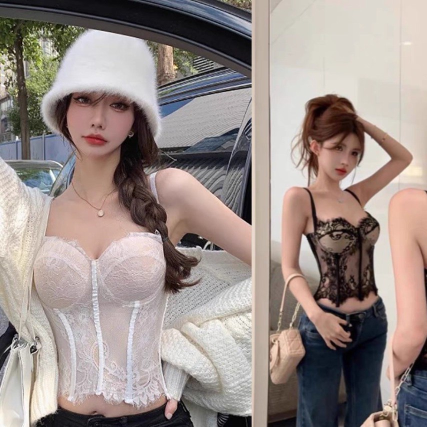 L226 복고풍 허리 섹시한 레이스베이스 조끼 가슴 패드 원피스 아우터 착용 스파이스 걸 메시 탑