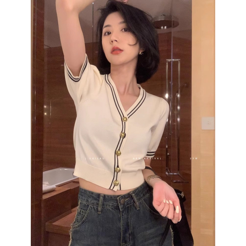 White Ice Silk Thin V-Neck Shoulder Short-Sleeved Knitted Sweater Women's Summer Design Sense Slim-Fit Waisted Short Cardigan Top