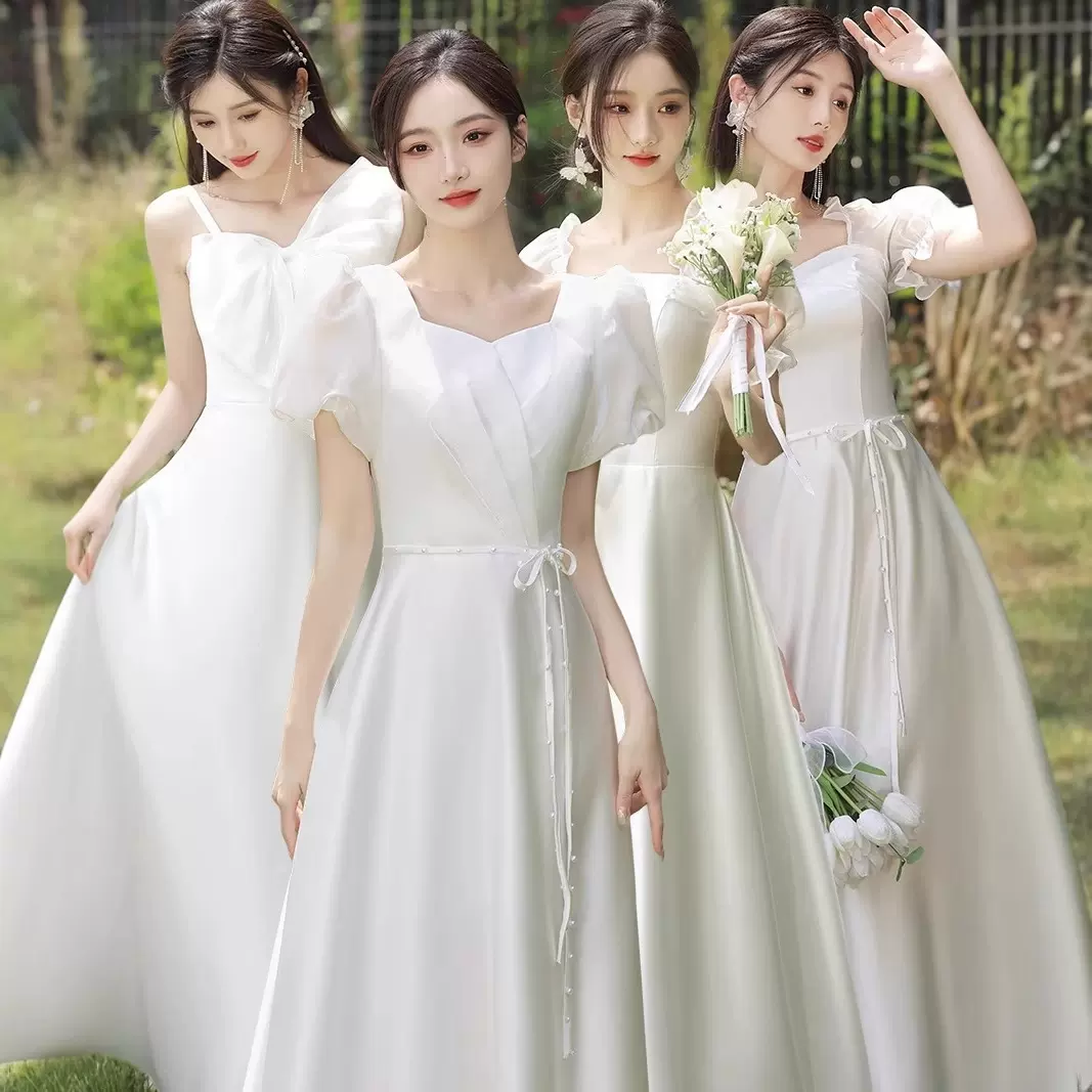 伴娘服2025新款白色缎面毕业季写真姐妹团小礼服合唱团汇演演出服