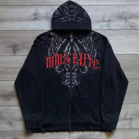 Gothic Anime Print Hoodie – Oversized Y2K Streetwear Pullover With Long Sleeves, Unisex Dark Aesthetic Fashion_viptrois.com