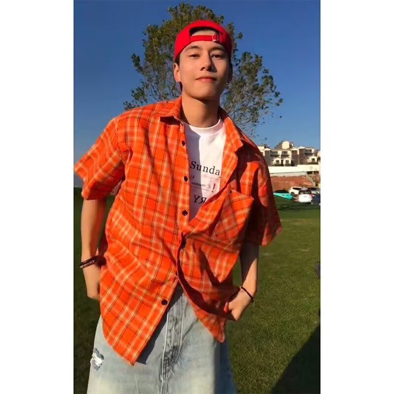 Dopamine Wear Orange Plaid Short-Sleeved Shirt Men's Summer American Casual Shirt Jacket Half-Sleeved Vacation Top