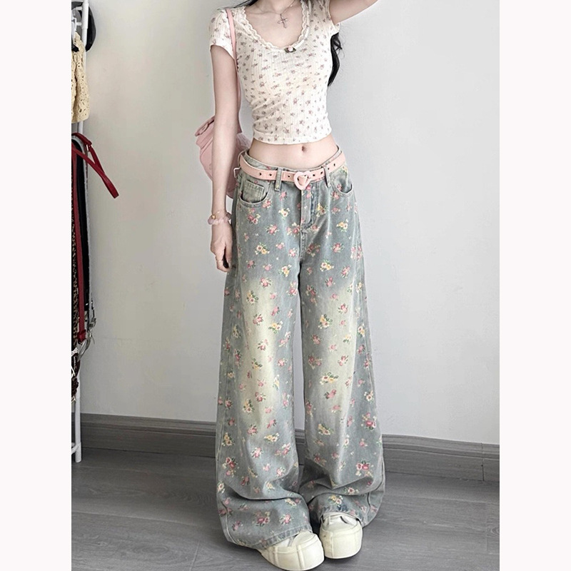 美式复古水洗花卉满印牛仔裤女夏季设计感高腰宽松显瘦直筒阔腿裤|undefined