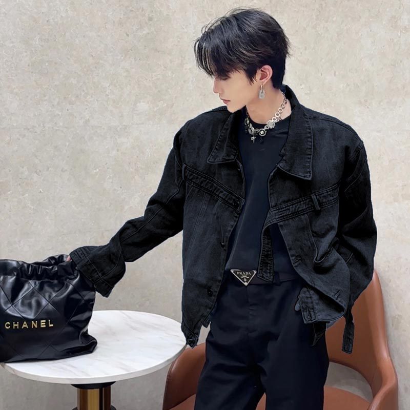 Pure black shoulder pad Denim coat men's fashionable high-grade Pu handsome denim jacket American retro short Detroit jacket