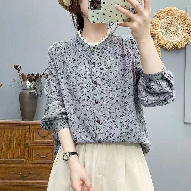 2025 Autumn Shirt Long Sleeve Floral Shirt Lace Collar Shirt Top Loose Casual Korean Style Shirt