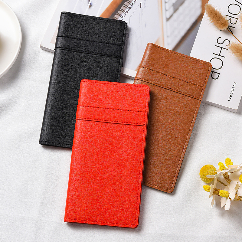 Cartera larga de color liso con diseño de patchwork para mujer, bolso de mano ligero con cierre, tarjetero con múltiples ranuras para tarjetas, cartera de cuero versátil y moderna.