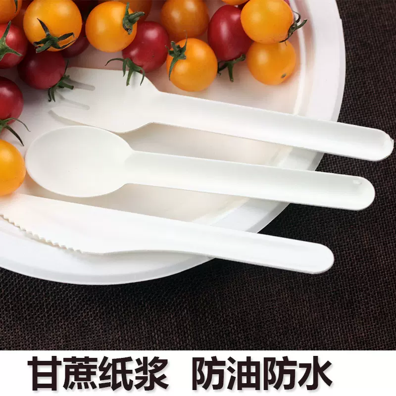 艾尚拉一次性环保可降解刀叉勺子餐具甘蔗纸浆三件套蛋糕甜品西餐