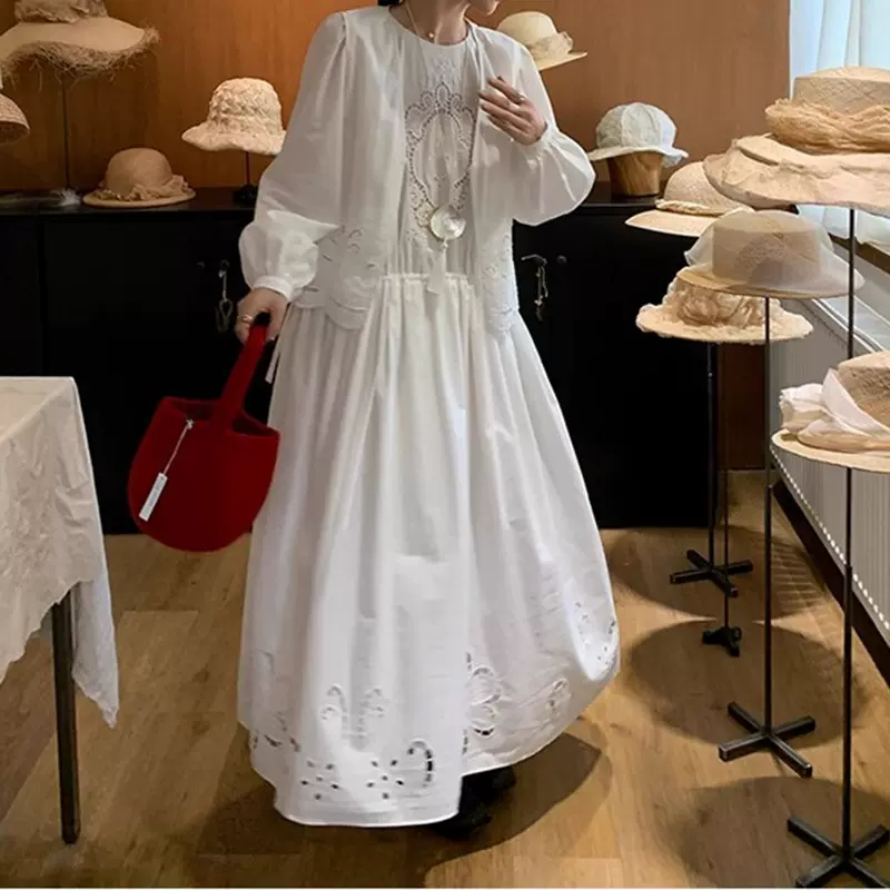 悸动镂空刺绣花边连衣裙绑带马甲套装2025秋季新款时尚连衣裙