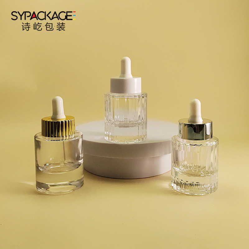 跨境现货矮胖厚底30ml直圆平肩原液瓶精华液滴管瓶竖纹精油分装瓶
