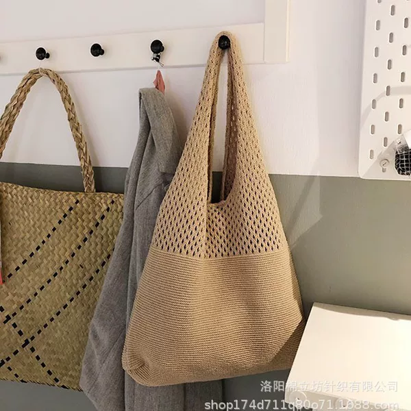Vintage Handmade Knitted Hollow Shoulder Bag Large Capacity Tote Bag Beach Vacation Crossbody Straw Bag Women's Bag
