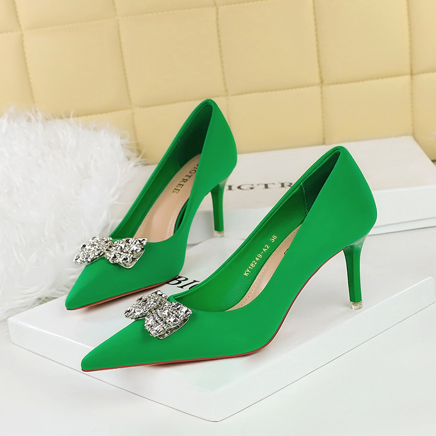 18249-AK51 European And American Fashion Pointed-toe High-heeled For Women With Rhinestone Bow, Shallow Mid-heel Single_vogvips.com