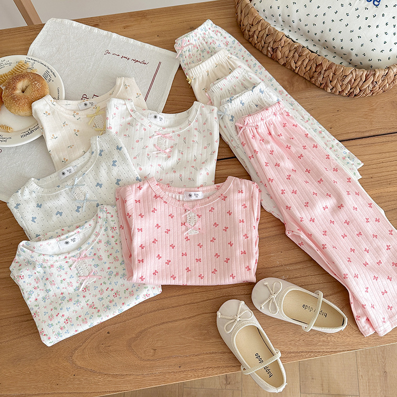Ensemble de vêtements d'intérieur en pur coton pour enfants, pyjama bébé à manches courtes, été, fille, fin, peut être porté à l'extérieur_voghion.com