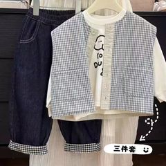 韩系双面卡通马甲套装2025秋季新款男童女童马甲百搭牛仔裤三件套