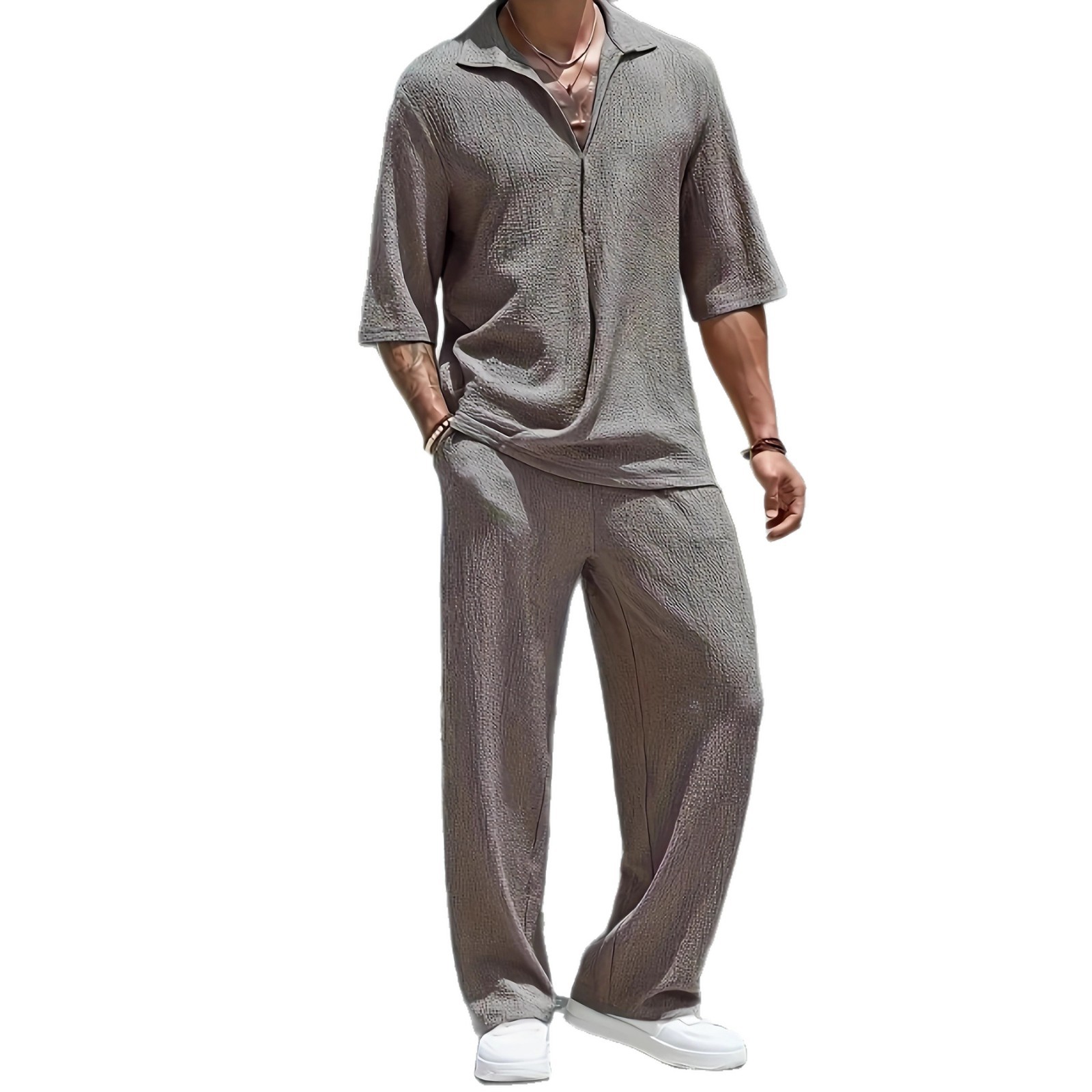 Men's Casual Two-Piece Suit Short Sleeve Solid Color Shirt And Trousers Set For Commuting American Style_viptrois.com