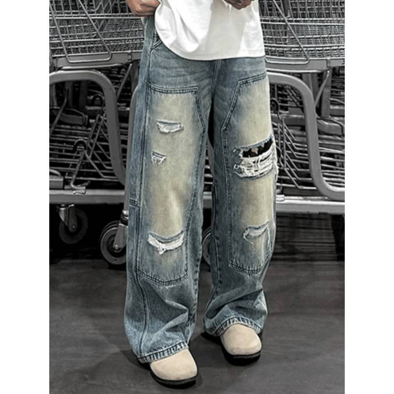 Cross-border foreign trade distressed ripped knee workwear straight-leg jeans for men and women, street-style retro pants Cross-border foreign trade distressed ripped knee workwear straight-leg jeans for men and women, street-style retro pants
