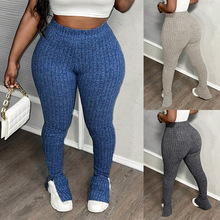 跨境外贸亚马逊欧美女装紧身弹力高腰运动裤脚开叉打底裤显瘦