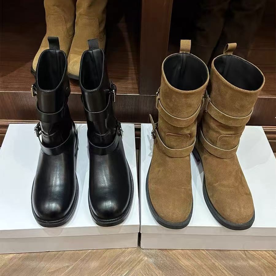 Korean 2025 Autumn New Round Toe Square Heel Belt Buckle Sleeve Simple Knight Niche Short Boots Women's Boots