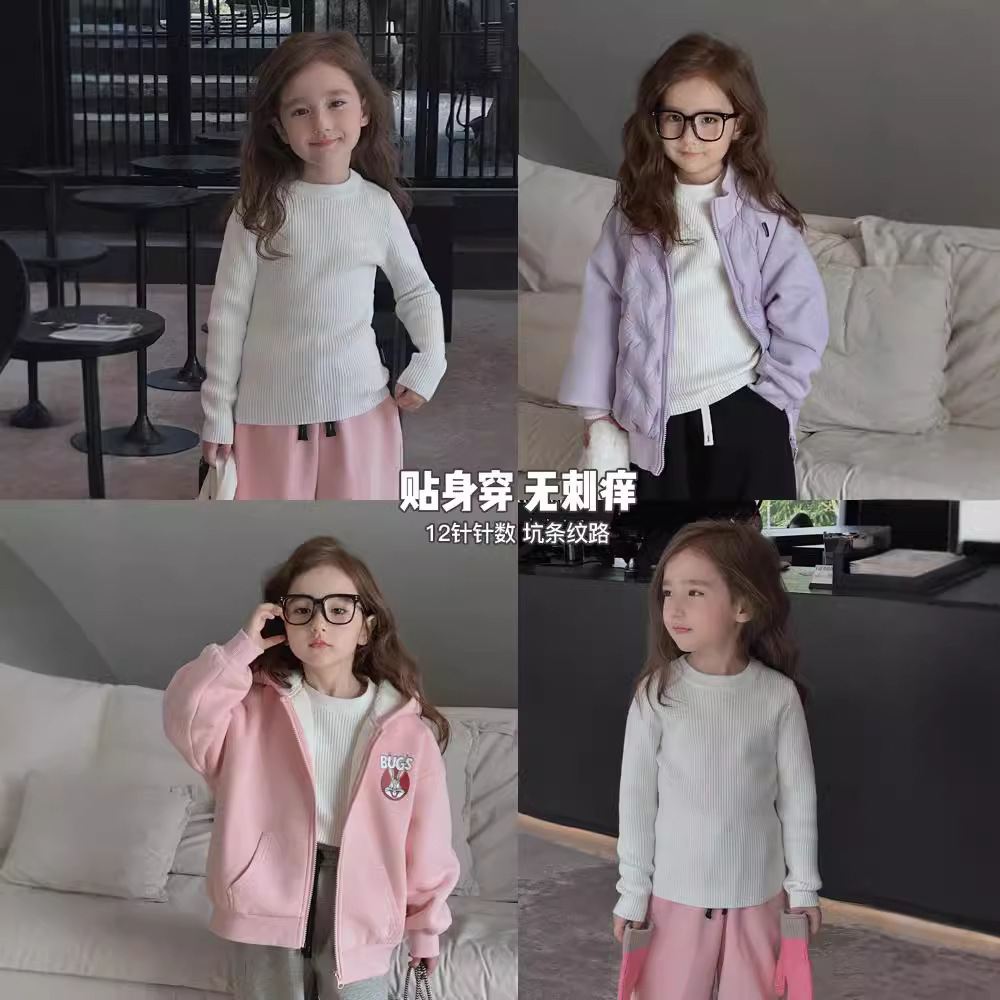Niñas otoño y invierno nuevo estilo de tela de polilla de polilla de núcleo de hilo inferior con suéter para niños camisa de punto universal