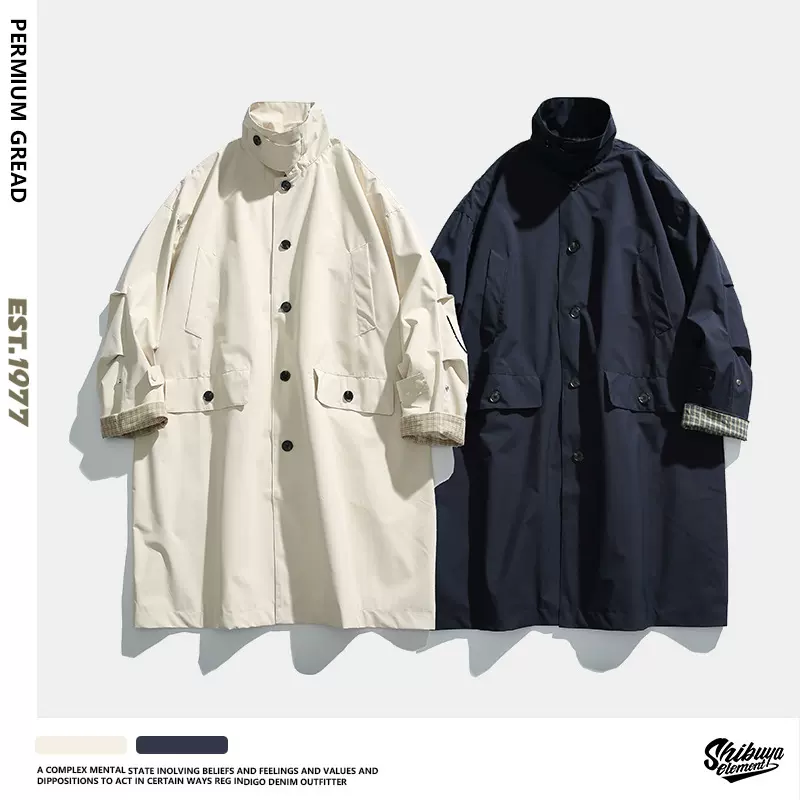 三防日系复古潮流立领中长款风衣外套男士街头街潮宽松休闲夹克