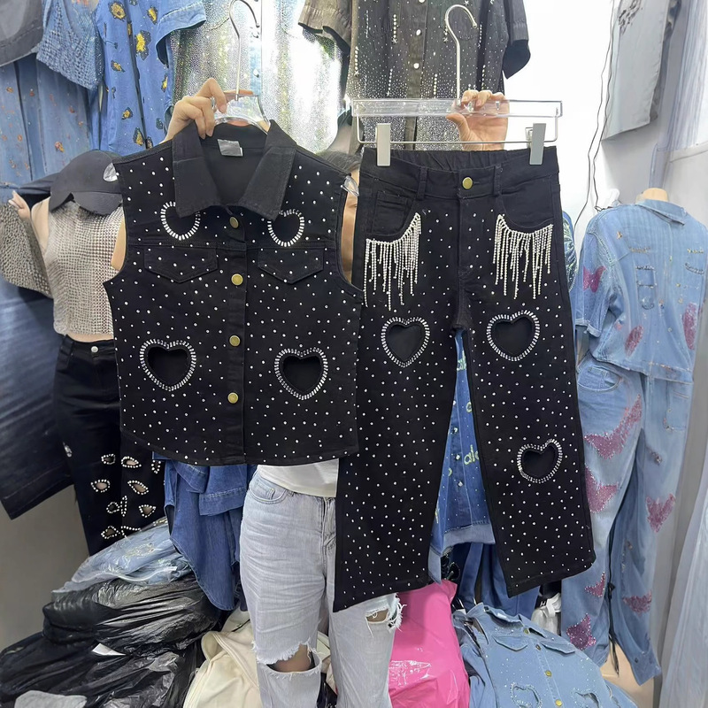 Foreign Trade Amazon Cross-Border Girls Suit 2025 New Denim Fashion Vest + Straight-Leg Jeans