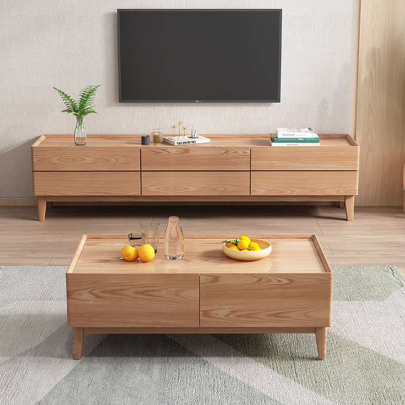 Mesa de té de estilo de registro mesa de té de madera maciza nórdica combinación de gabinete de TV moderno minimalista hogar sala de estar pequeño apartamento madera de cera blanca