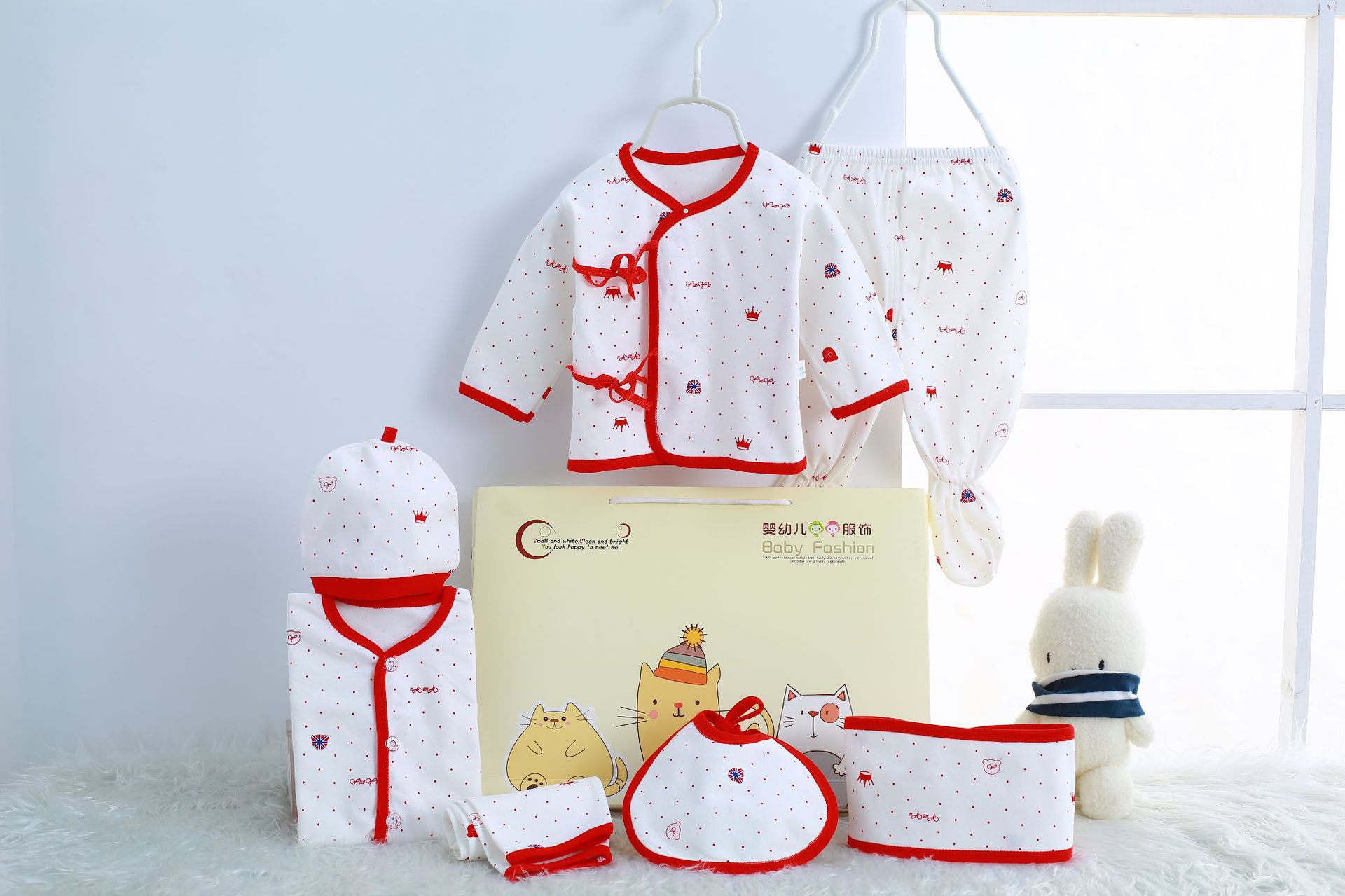 Nuevo bebé algodón lana bebé clásico traje de siete piezas ropa suministros bolsa de algodón Flor de dibujos animados traje de los niños