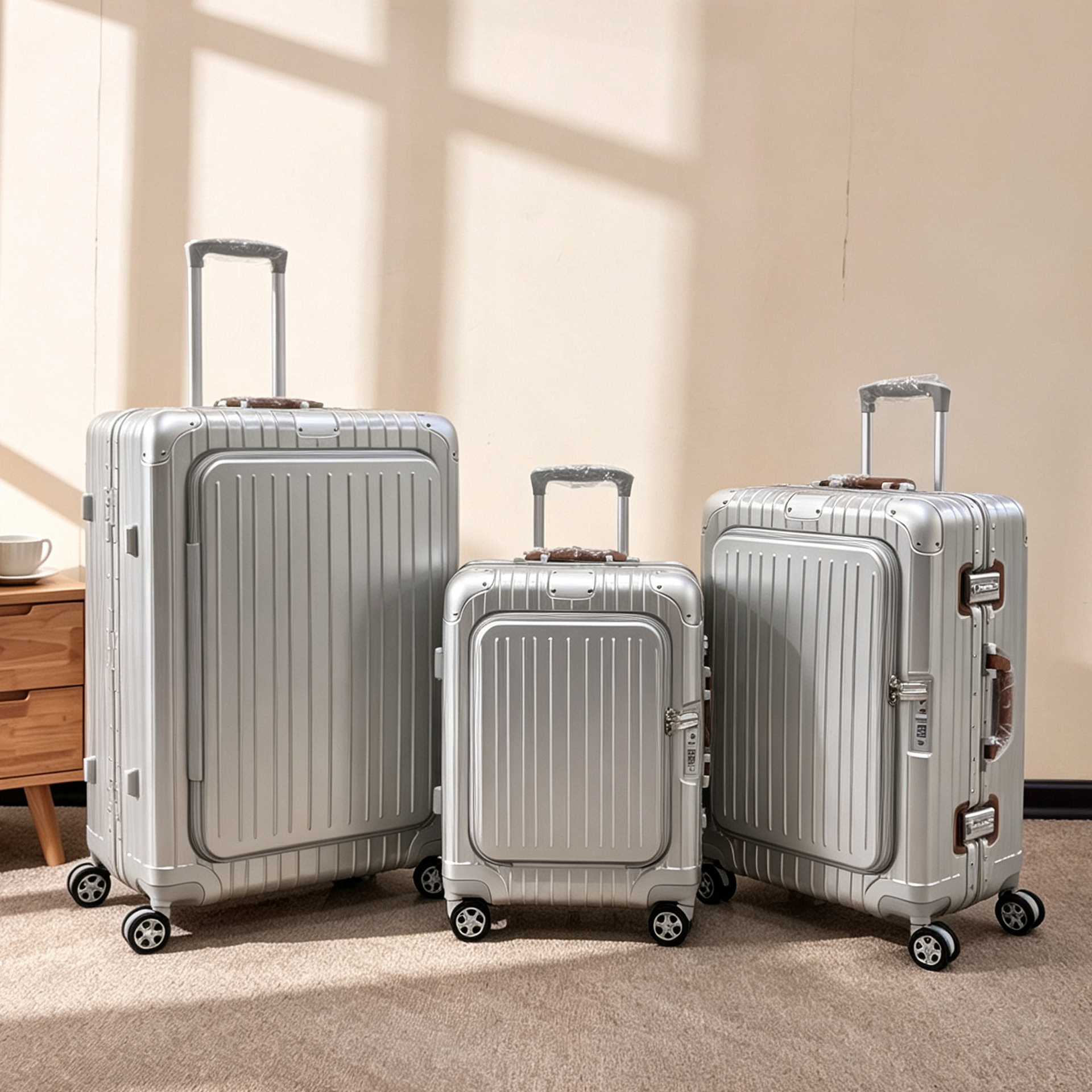 Sturdy and durable 20/24/28 inch travel suitcase with TSA lock, cup holder, front opening, and side opening carry-on.