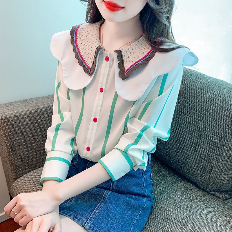 撞色条纹衬衫女春季新款法式娃娃领衬衣小衫韩版长袖上衣