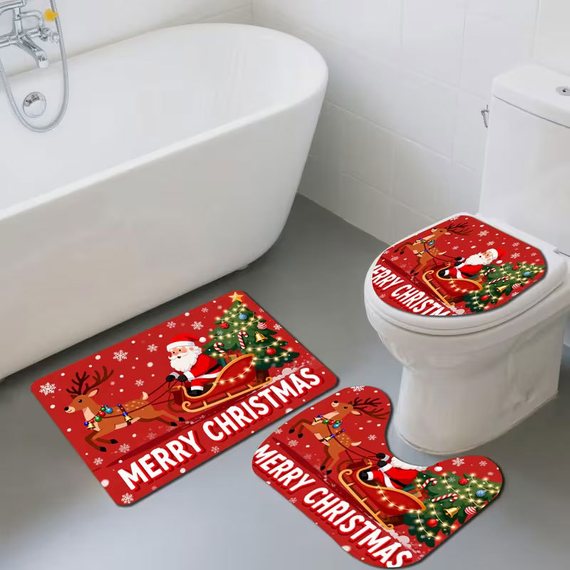 Cross-border diatomite toilet seat cover and floor mat 3-piece set, water-absorbent, dirt-resistant, non-slip floor mat, Christmas holiday floor mat