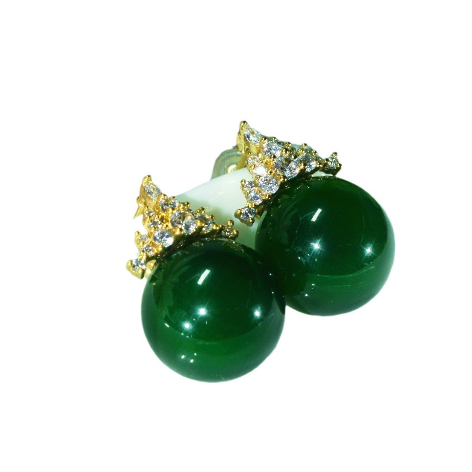 (2개) 하이 퀄리티 라운드 천연 녹색 CHALCEDONY 귀걸이 조커 클래식 녹색 CHALCEDONY 귀걸이 공장 도매 패션 새로운