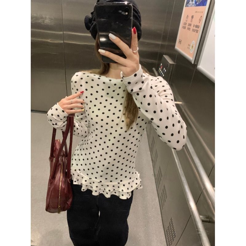 甜美风白色波点长袖T恤女春季气质减龄荷叶边打底衫显瘦内搭上衣|undefined