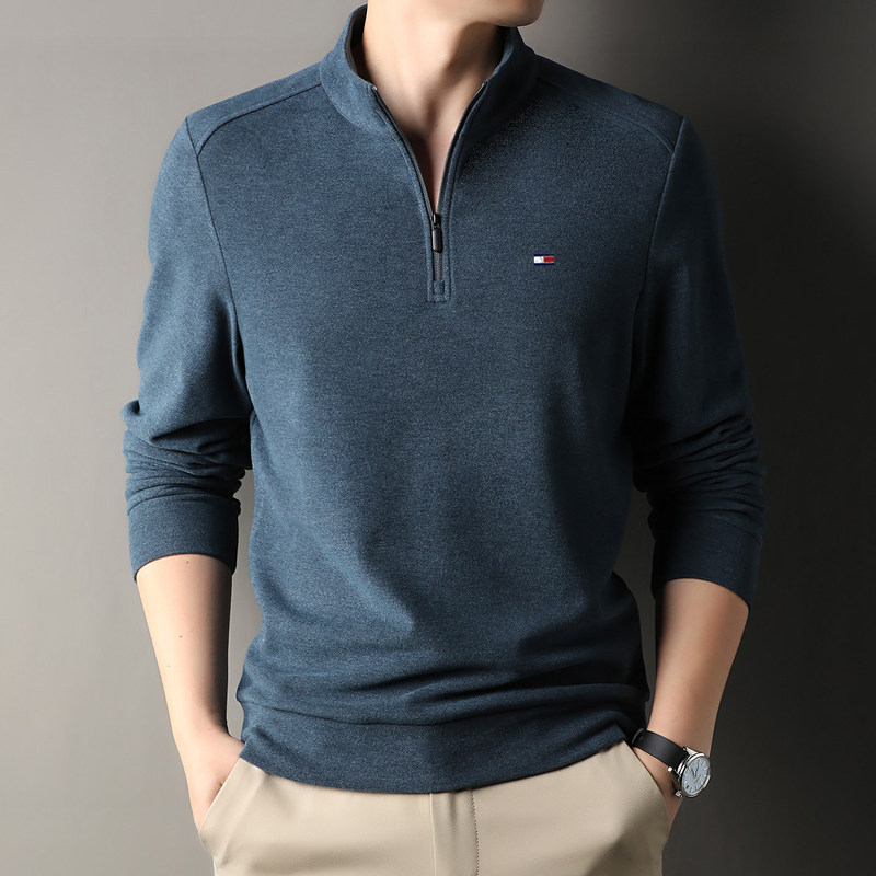 Tommy Men's Thermal Fleece Sweatshirt Autumn Winter Casual Zipper Stand Collar Warm Simple Soft Skin-Friendly Sweater T-Shirt