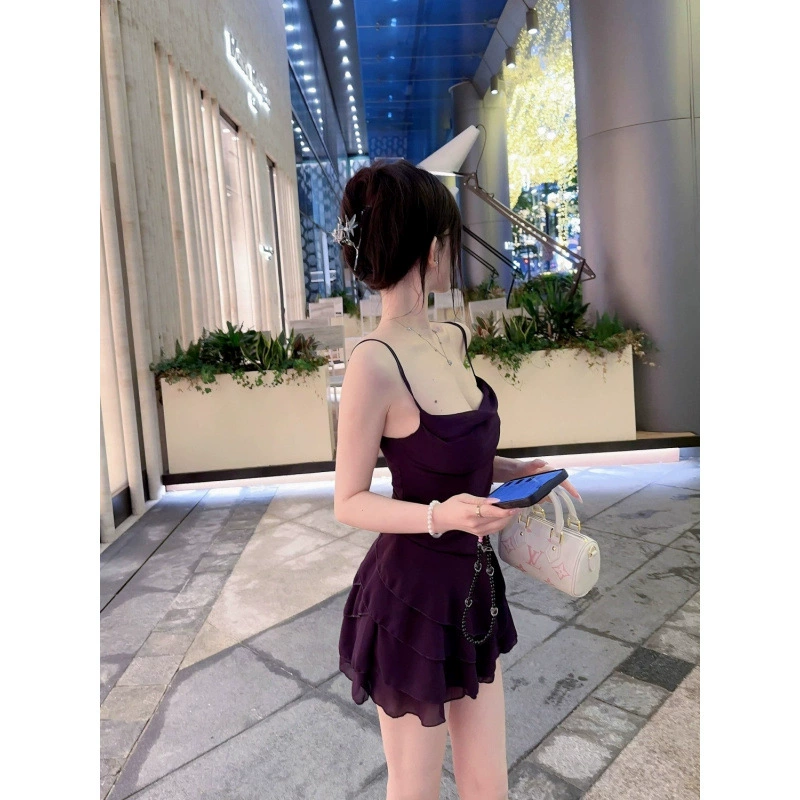 Летнее новое платье с высокой талией для девушек, с отложным воротником, плиссированное, на бретелях, женское, асимметричное, утягивающее, короткая юбка.