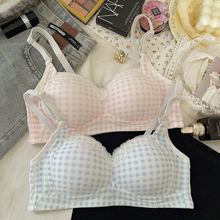 日系甜美蕾丝格子内衣女小胸聚拢无钢圈舒适薄款无钢圈学生文胸罩