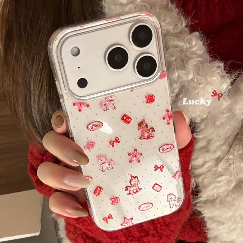 Glittery New Year Pink Pony Suitable for Apple 17 Phone Case iPhone 16 Pro Max Cartoon 14 Embossed 15 Hard Case