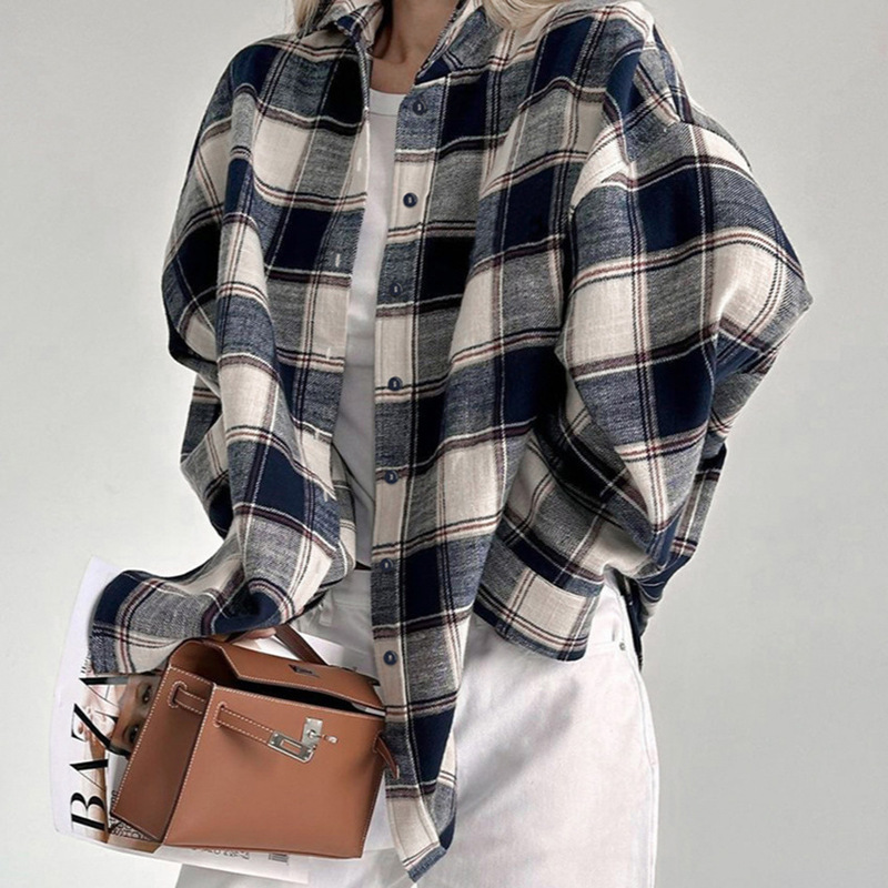 Winter New Plaid Long-Sleeved Shirt Loose Casual Lazy Style Large Plaid Shirt Jacket 2023 European and American Cross-Border