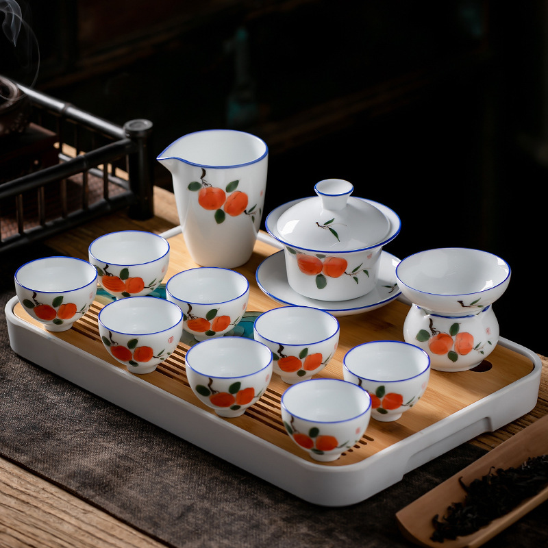 Juego de té de Kung Fu de cerámica de estilo japonés traje de hogar pintado a mano porcelana blanca sancai Tazón de cubierta taza de té tetera