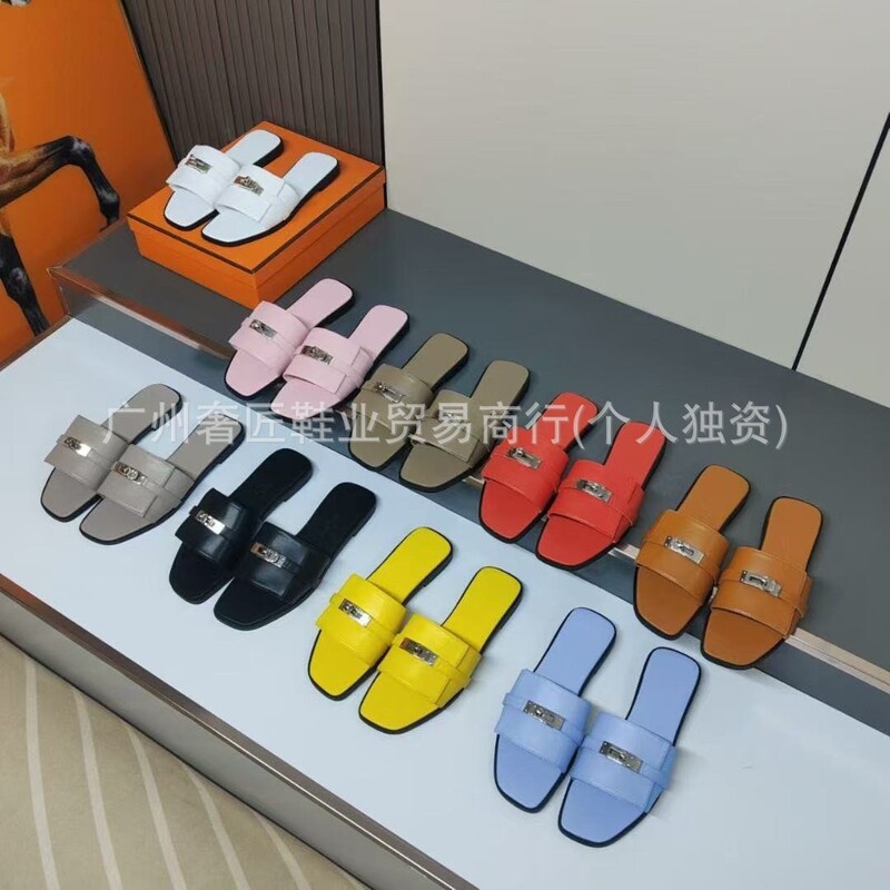 High-End Foreign Trade Version H Brand Women's Slippers, Sheepskin Buckle Strap Flat Beach Sandals, Simple Style Cool Slippers for Women