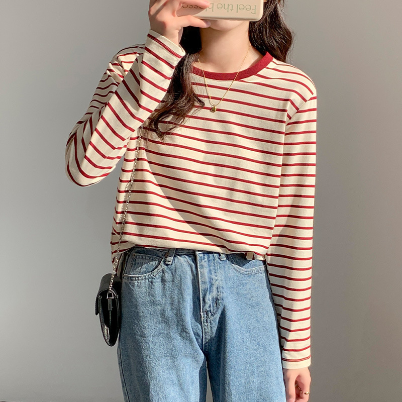 Pure Cotton T-Shirt for Women, 2026 Autumn New Style, Striped Long-Sleeve Stylish Inner Wear, Round Neck Base Shirt, Loose Casual Top Pure Cotton T-Shirt for Women, 2026 Autumn New Style, Striped Long-Sleeve Stylish Inner Wear, Round Neck Base Shirt, Loose Casual Top