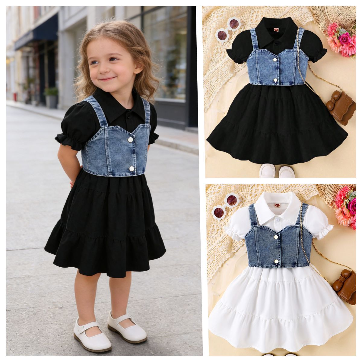 Baopin foreign trade Europe and the United States summer new girls suit solid color bubble sleeve dress strap vest two-piece set