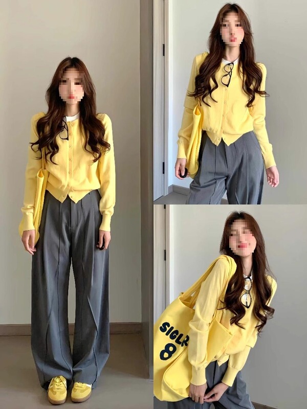 Goose Yellow Fake Two-Piece Knitted Sweater for Women Spring and Autumn New Soft Waxy Short Long-Sleeved Cardigan Top Jacket