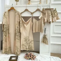 Весенне-летняя домашняя одежда, комплект из четырех предметов, пижамы в европейском и американском стиле с принтом, женская ночная рубашка на подтяжках, комплект сексуальной ночнушки с длинными рукавами