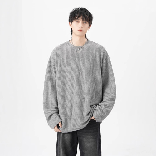 Japanese Retro Style Long-Sleeve T-Shirt for Men, Autumn Trend, Ins Inspired, Flowy Loose Base Shirt, Versatile Round Neck Top