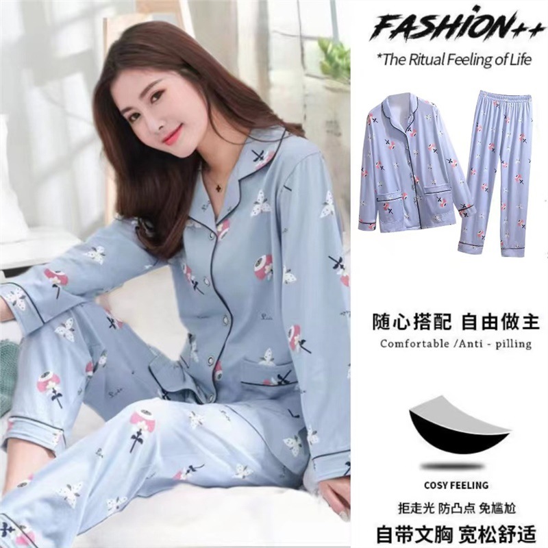 Pijama de algodón 100% de las mujeres con almohadilla en el pecho traje de primavera y otoño pantalones de manga larga primavera y otoño delgado más tamaño homewear