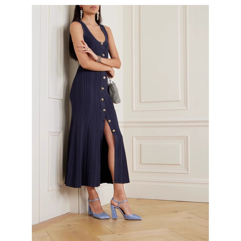 Summer Designer Fashion Brand Sexy U-Neck Sleeveless Single-Row Luxury Rhinestone Button Socialite Goddess Knit Long Dress