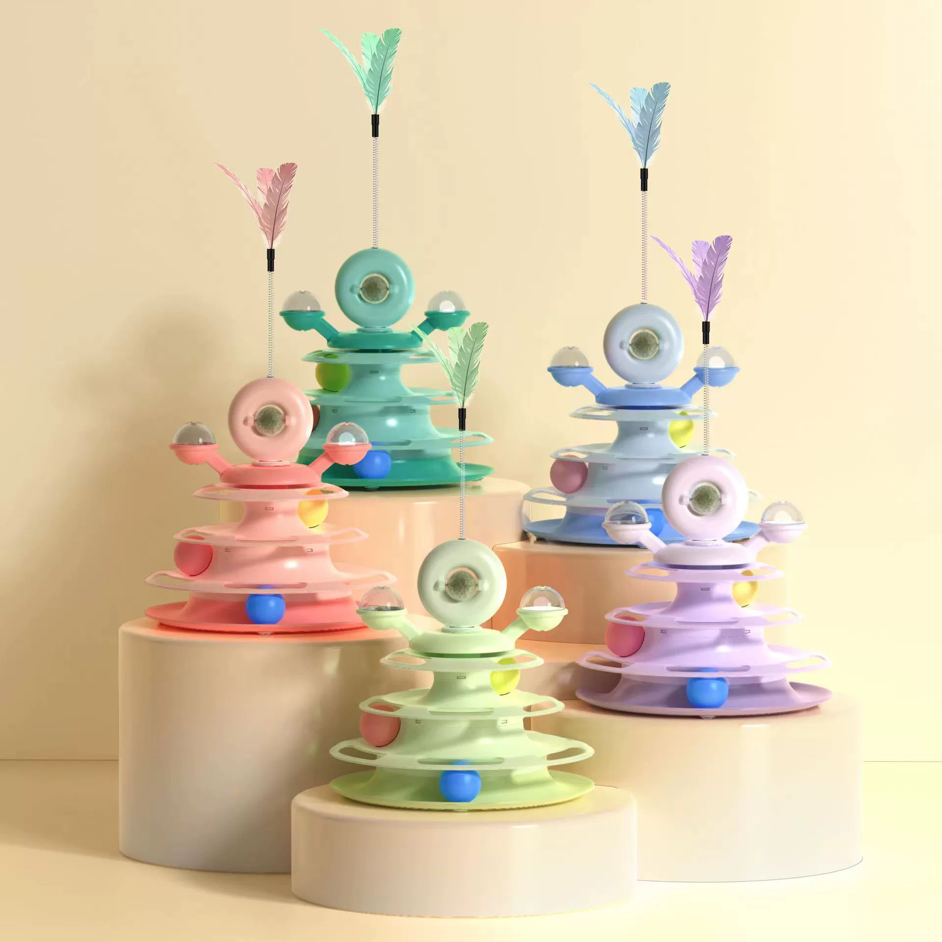 Donut Feather Мяч для настольного тенниса Четырехслойный поворотный стол для кошек Орбитальная тарелка для развлечений Космическая башня Мяч для Кошачьей Мятой Ветряная мельница Игрушка для кошек