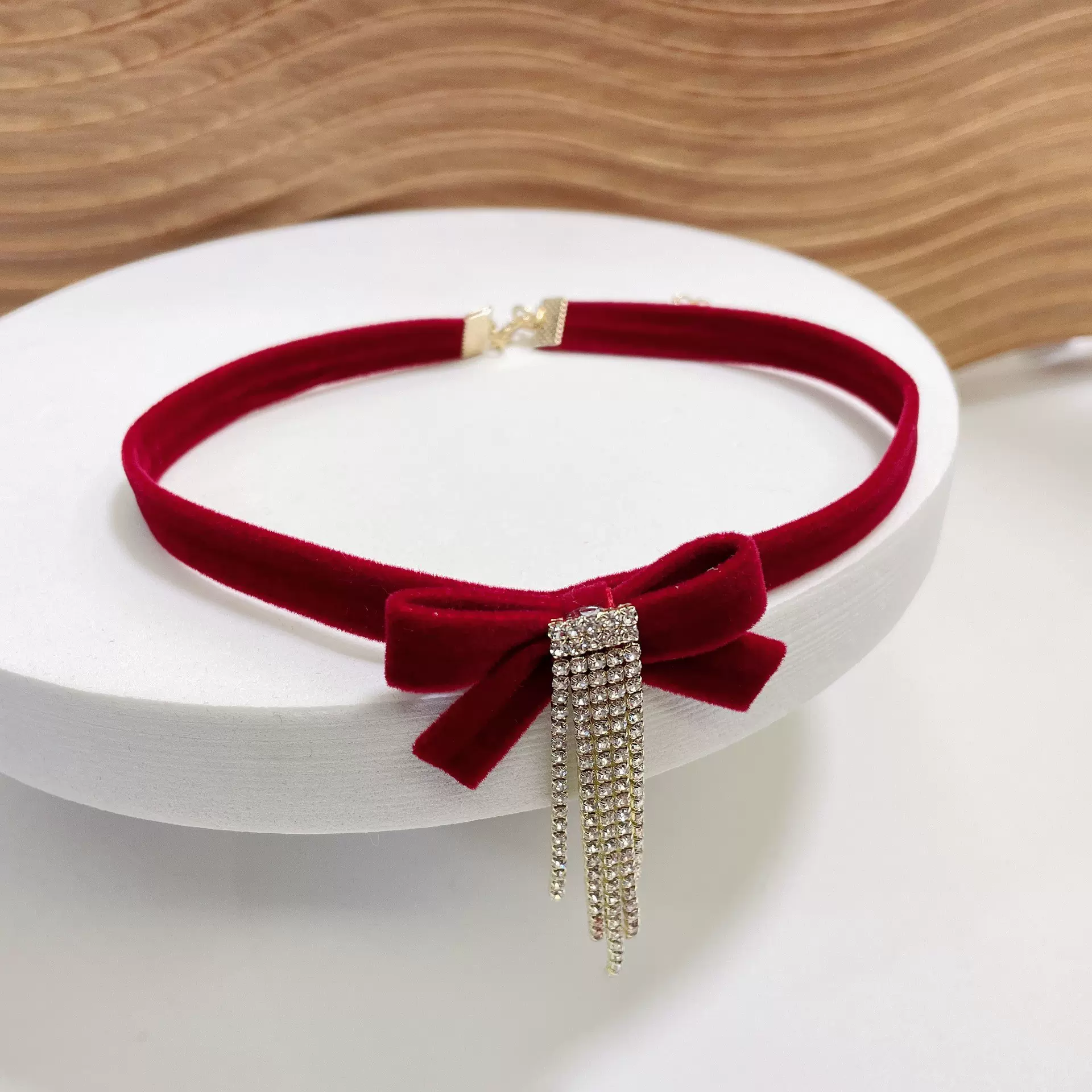 网红情人节新款丝绒红镶钻蝴蝶结项饰发饰耳环套装气质少女