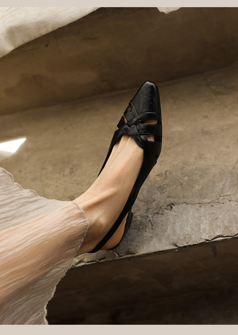 Sandal nữ da cừu gót dày 3 cm phong cách vintage dệt chéo hở mũi — đen chi tiết 11